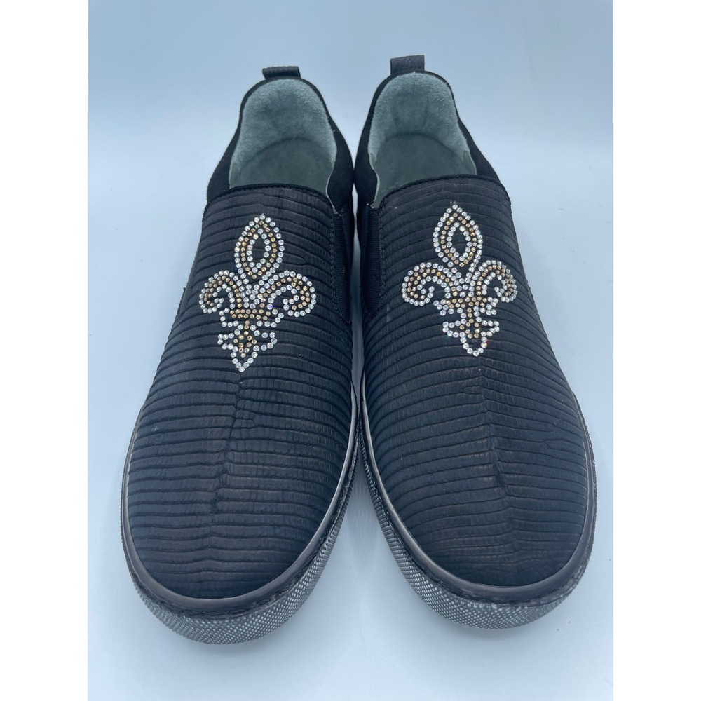 Belvedere Kane Black Genuine Lizard Swarovski Crystal Fleur De Lis Shoes Mens 8 - Picture 2 of 9